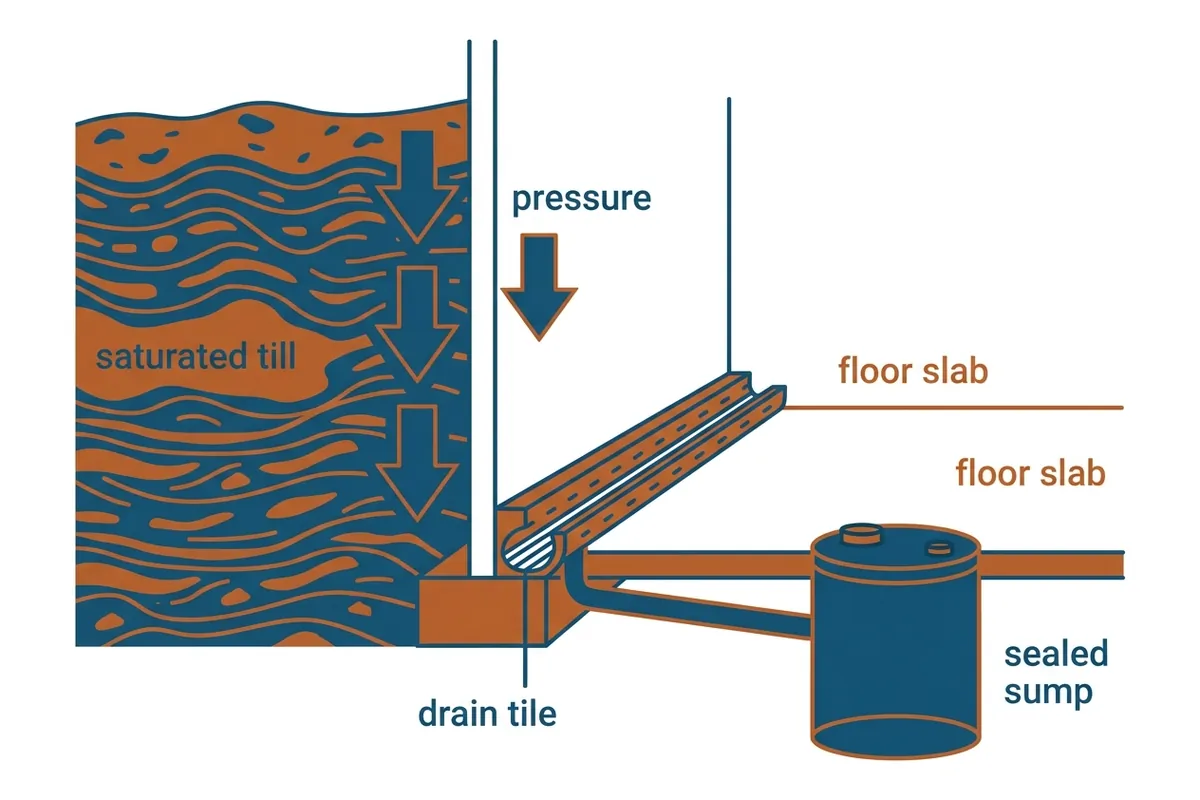 Foundation repair diagram: saturated glacial till pressing on a basement wall, with interior drainage routed to a sealed sump
