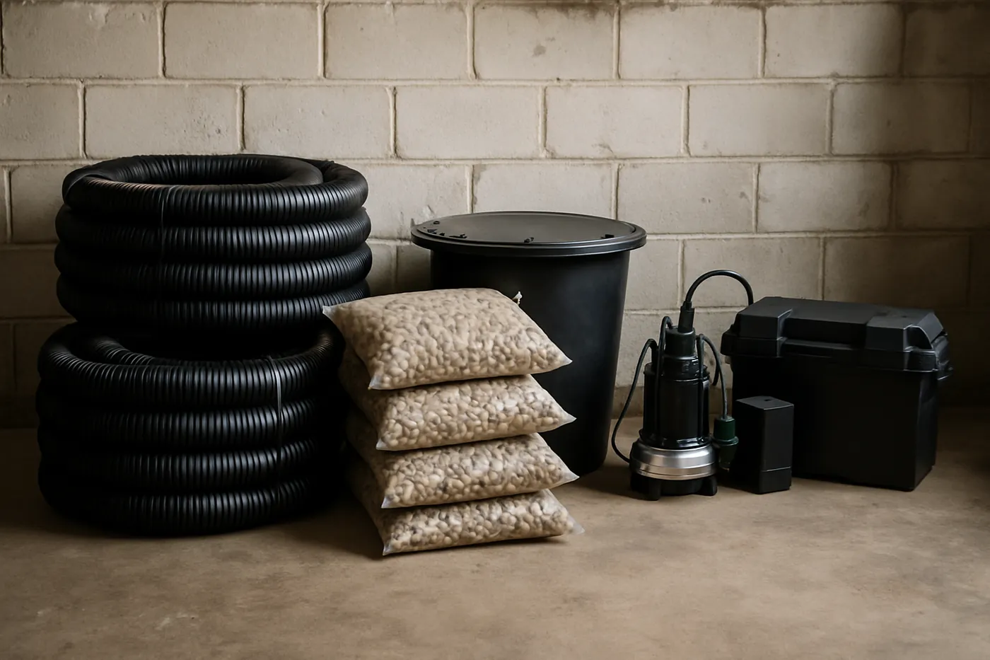 Interior drainage materials and sump basin staged for a foundation repair in a Fort Wayne basement